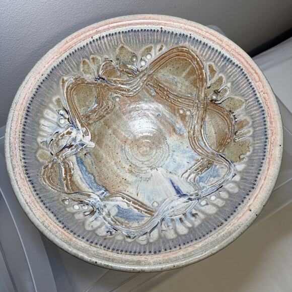 Julie Perry Signed Pottery Large Clay Bowl Tan Blue Glaze Celebrate the Wonder - Picture 6 of 12